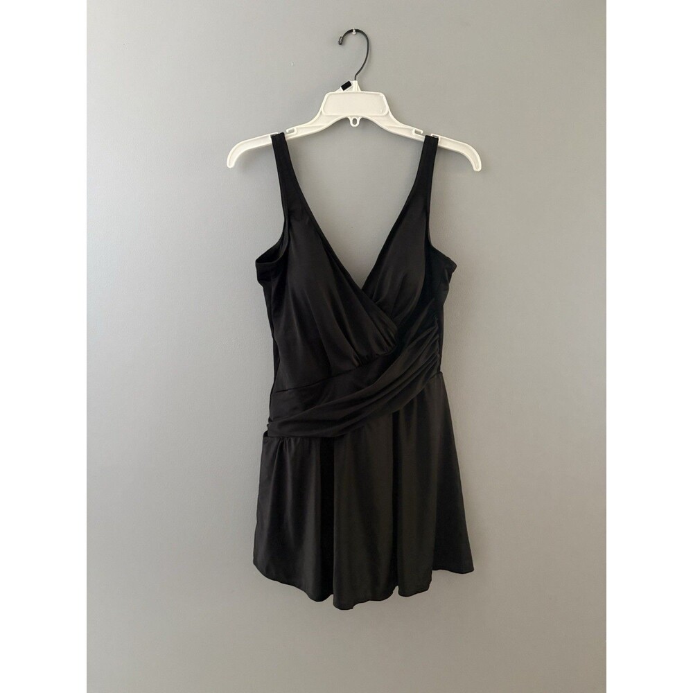 Miraclesuit Aurora Swim Dress Swimsuit Size 14 Black Ruching Slimming
